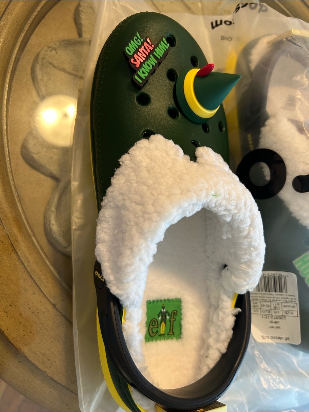 CROCS Green Elf-Themed Faux-Sherpa Lined Clog with Yellow Accent